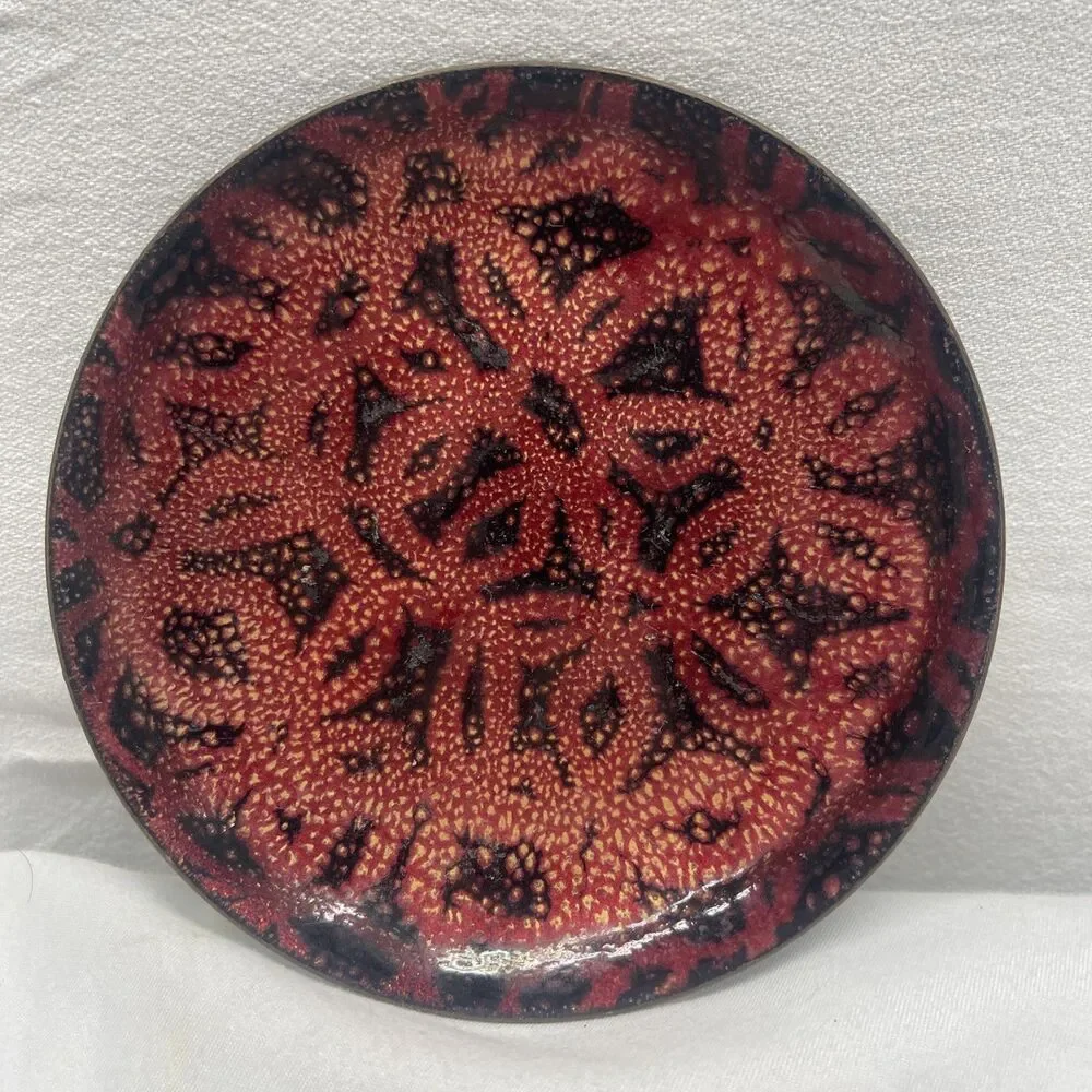 MCM Vintage Enamel Copper Boho Design Red Trinket Dish Ashtray 5